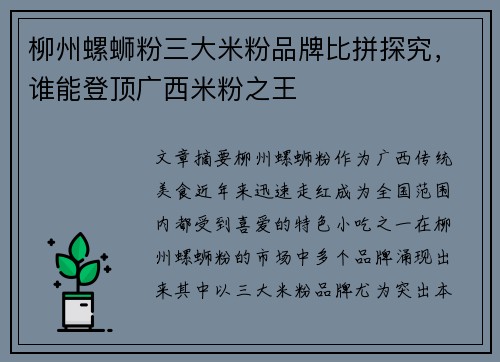 柳州螺蛳粉三大米粉品牌比拼探究，谁能登顶广西米粉之王